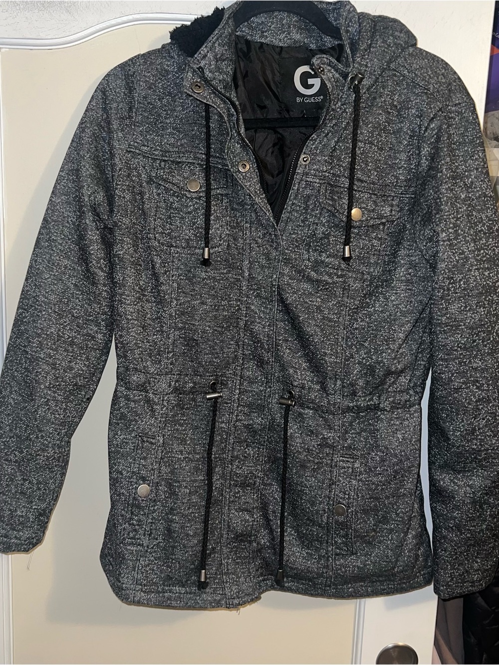 G by Guess Mikayla Charcoal Hooded Field Jacket Sherpa Hood
